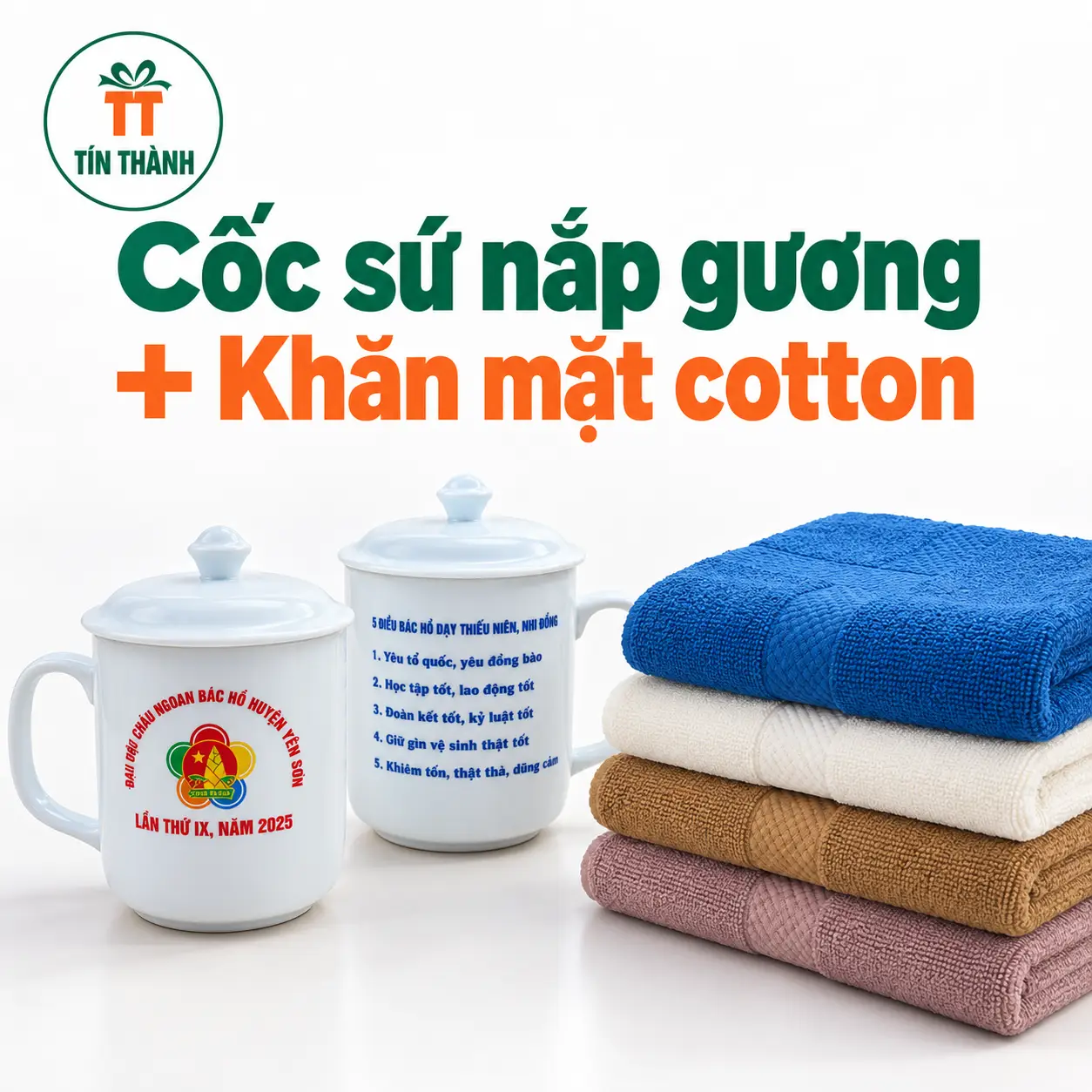 Combo "Tiện Ích Sinh Hoạt": Cốc sứ nắp gương + Khăn mặt cotton